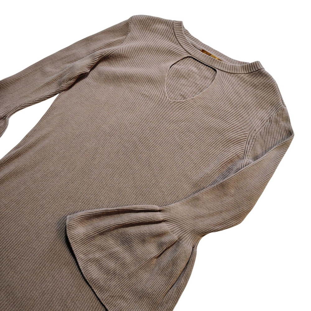 Bellini Ribbed‎ Knit Keyhole Neck Bell Sleeve Sweater Taupe Size L 70's inspired